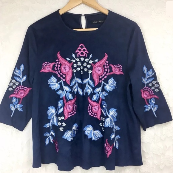 Zara woman Faux Suede Embroidered Floral Blouse - Picture 2 of 8